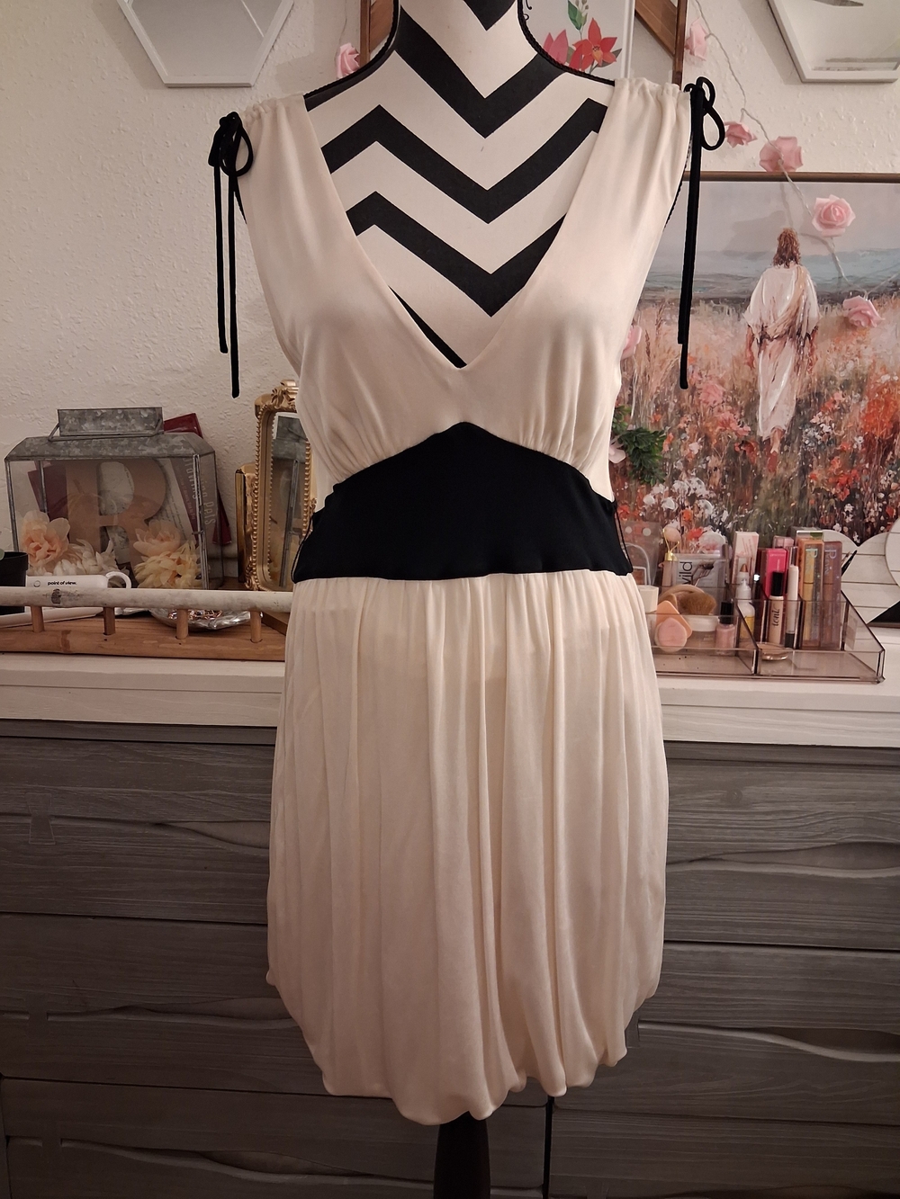 Vintage Y2K Betsey Johnson Cream Dress with Black Waistband and Tie Straps